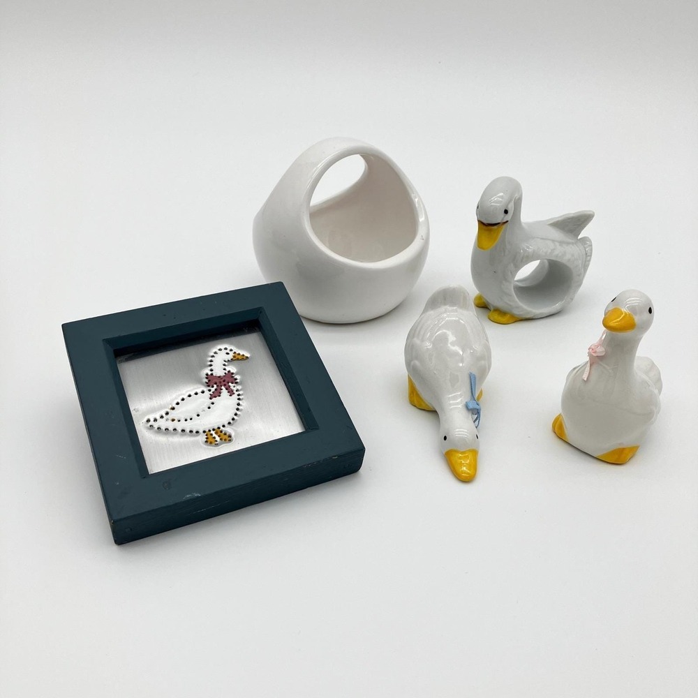 Vintage 1980s Country Goose Lot Ceramic Napkin Ring Framed Art Planter White